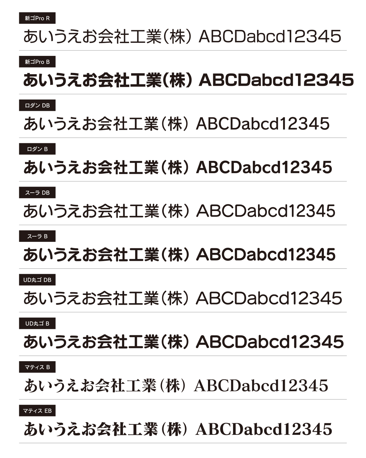 カッティングシート書体見本　和文書体1